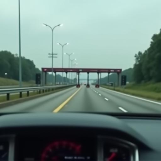 Vista de un parabrisas desde el interior de un coche acercándose a una caseta de cobro.